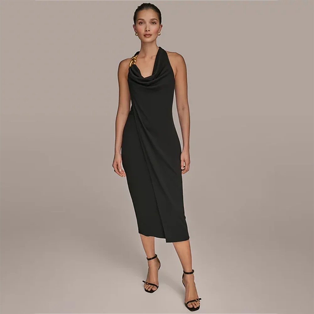 

2025 Fashion Elegant Halter Neck Evening Dress Sleeveless Pleated Prom Dresses Formal Party Cocktail Wedding Guest Gown Dress