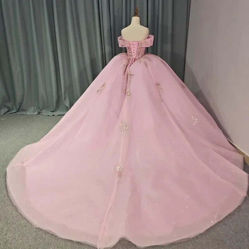 Pink Princely Quinceanera Dresses Off The Shoulder Sequin Applique Lace Tull Lace-Up Off Shoulder Ball Gown Classic Charming Tul