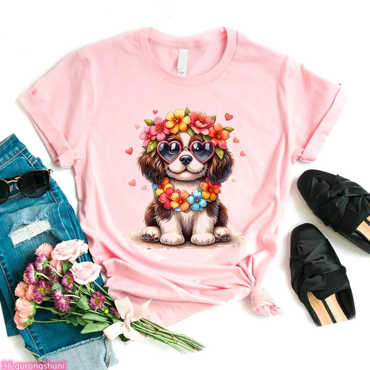 Camiseta feminina havaiana estampada para cachorro, blusa gráfica para cachorro, camisa branca de manga curta, roupa casual, verão