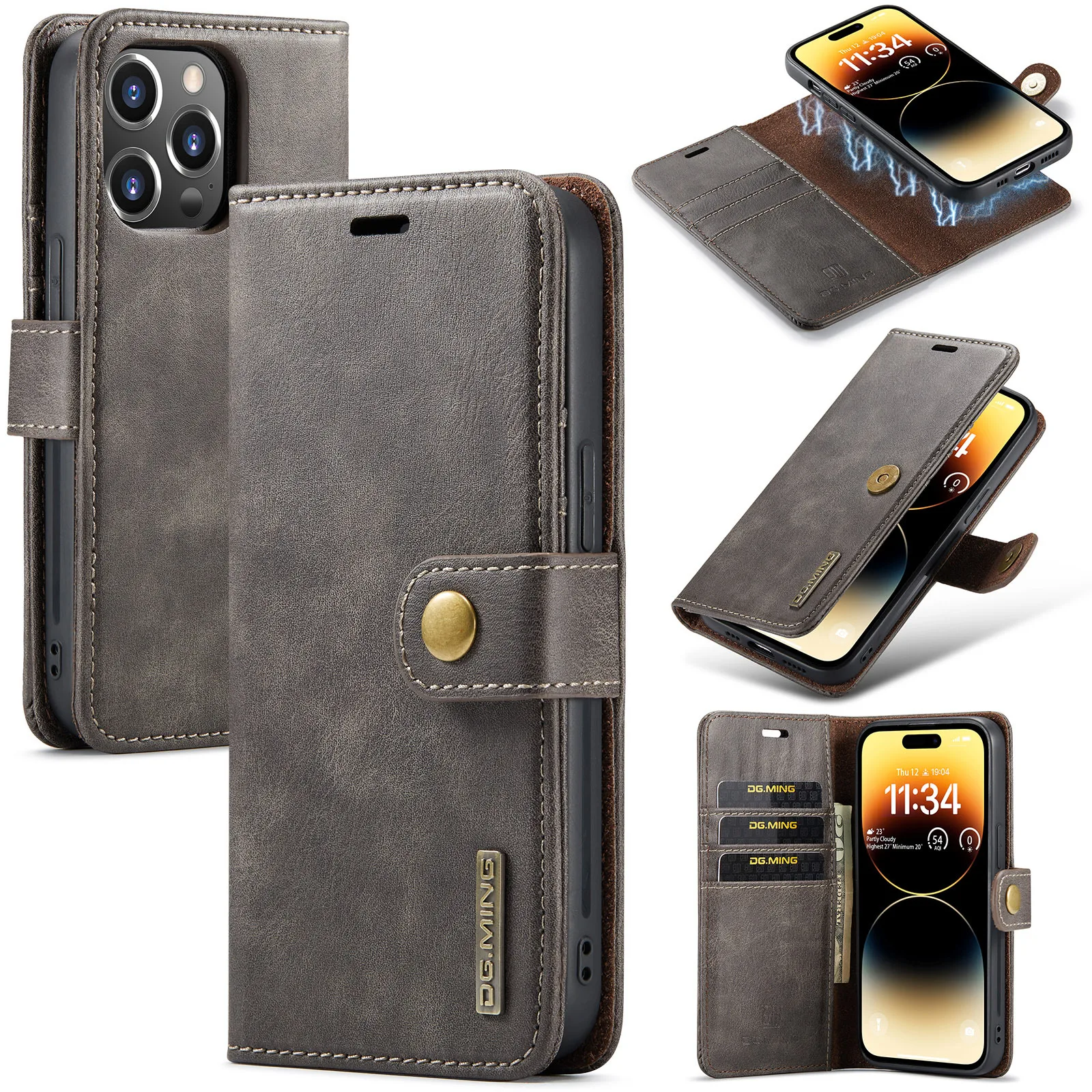 2-in-1 afneembare leren hoes voor iPhone 11 12 13 14 15 16 17 Pro Max Mini X XR 6 7 8 Plus SE met magnetische kaarthouder en portemonnee