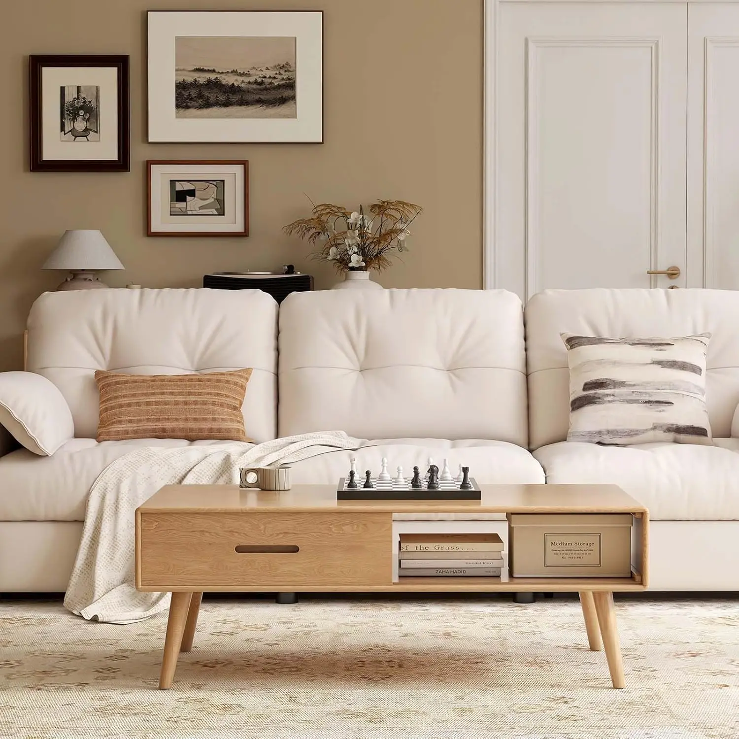 

100% Solid Wood Coffee Table Mid Century Shelf Storage 2 Drawers Oak 47.24in Living Room, Customized