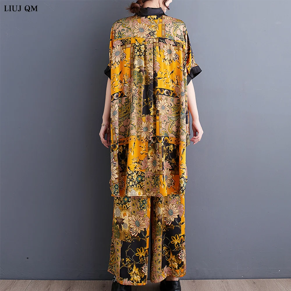 2023 Summer Plus size Matching Sets Women New Print Contrast Medium Length Shirt Tops Loose Wide Leg Pants Fashion Two Piece Set