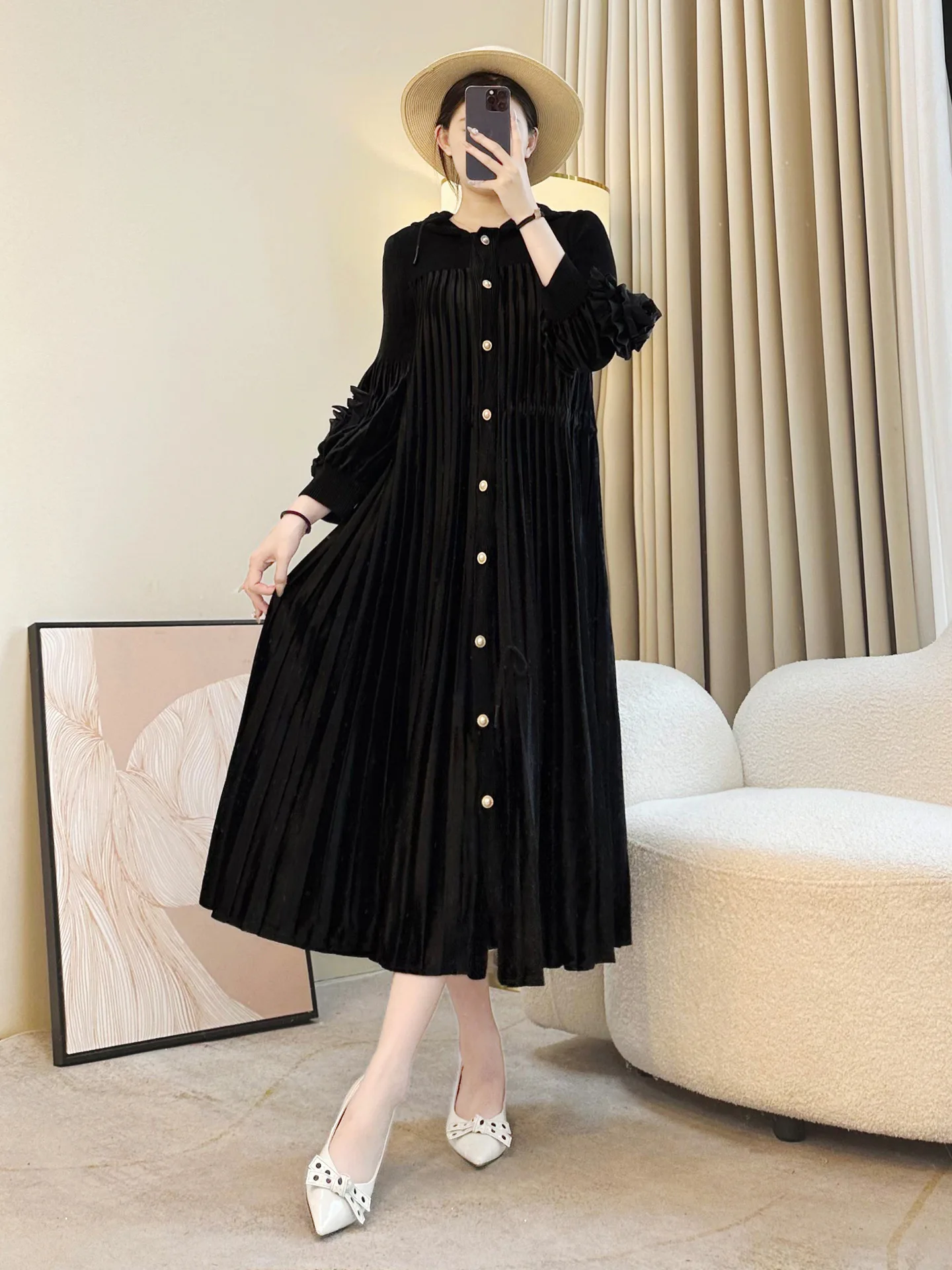 Robe longue plissée élégante pour femmes, Texture velours, robe Maxi boutonnée à manches longues, mode automne hiver