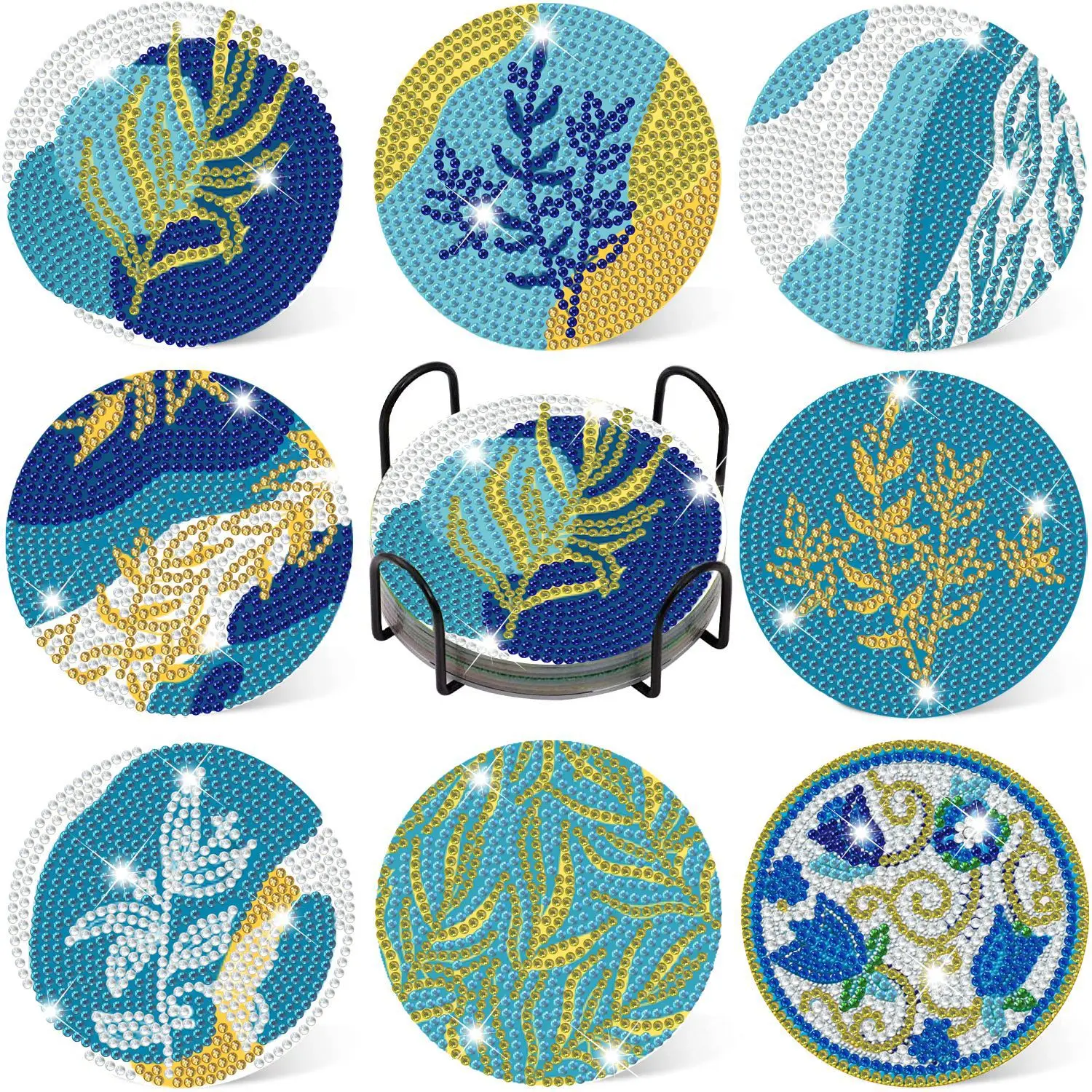 

8-piece set of fashionable diamond painting coasters, round, fully diamond-studded acrylic coffee cup heat pads, home decoration