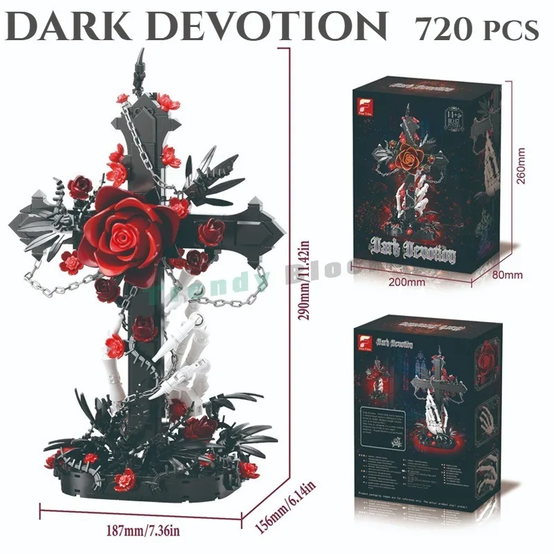 

720PCS Gothic Skeleton Hand Rose Cross Building Blocks,Eternal Dark Devotion Crimson Flower Romance Decor,Macabre Brick Toy Gift