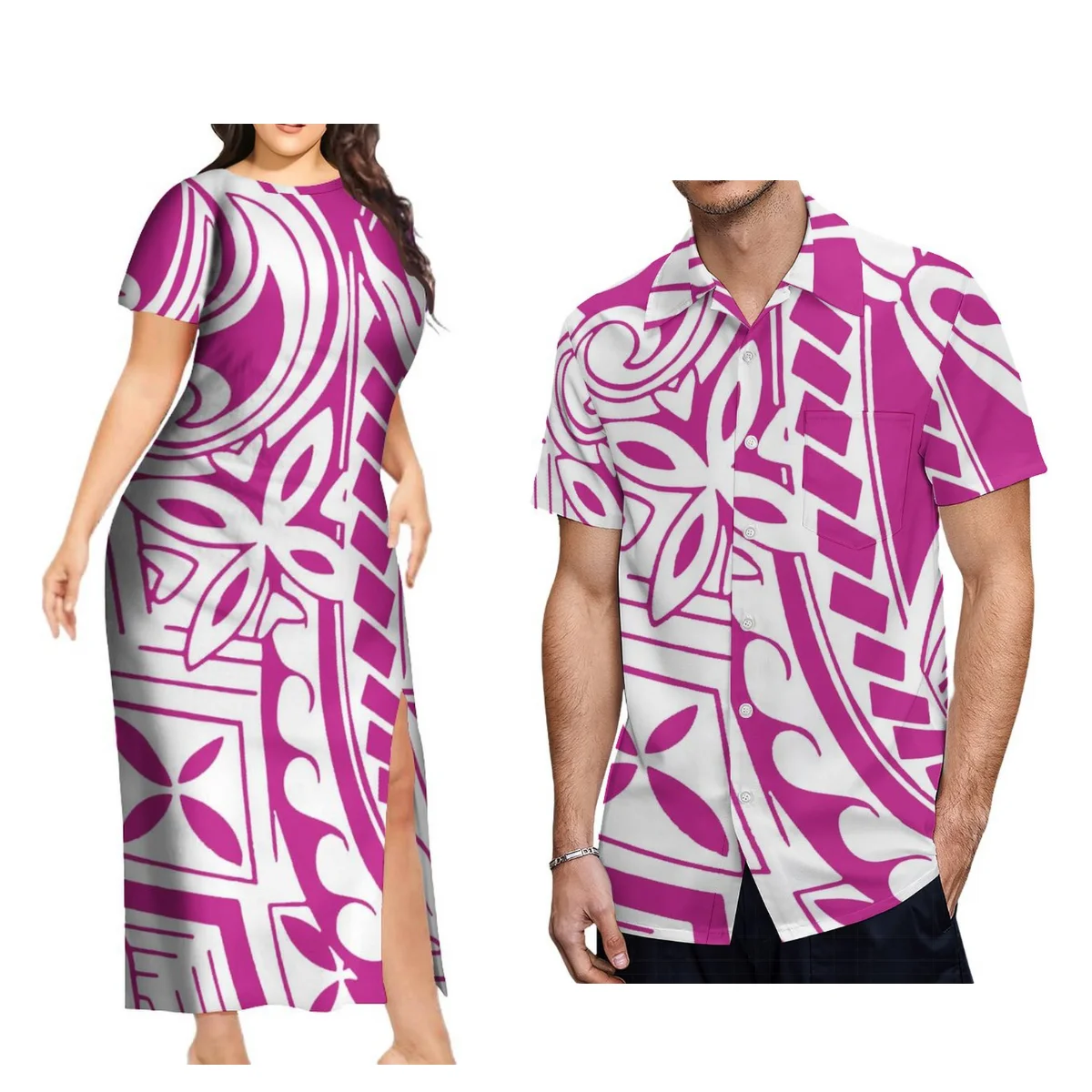 Women'S Short-Sleeved Dress Sheath Slit Maxi Polynesian Island Design Features Patterns Hawaiian Men'S Casual Shirt