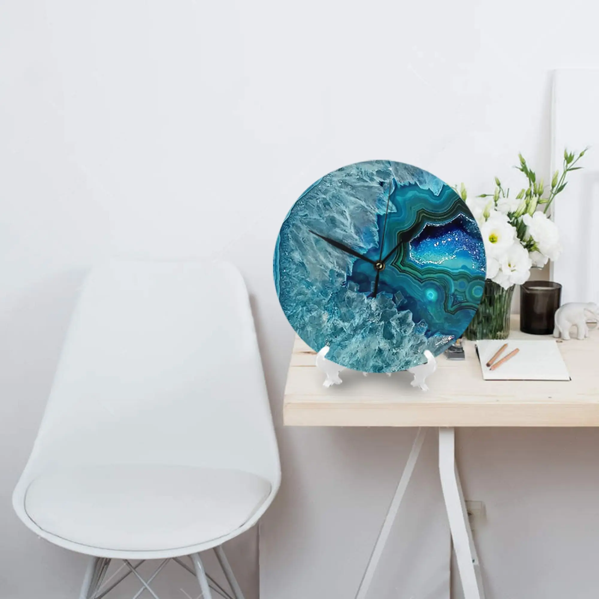 Teal Aqua Turquoise Blue Rock Agate Mineral Crystals Pattern Wall Clock Room Decoration Silent Round Clock for Bedroom Living