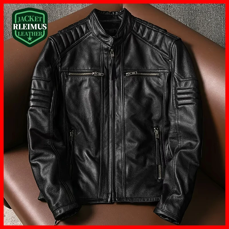 

Men's Natural Leather Jacket Stand Collar Motorcycle Jacket First Layer Calfskin Vintage Slim Fit Cowhide Jacket Men's Motorcycl