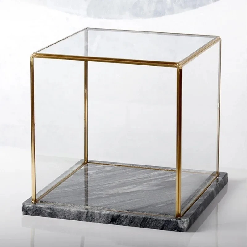 Transparent Glass Cover Marble Tray Base Display Box Dust Cover Decorative Shelves Glass Case Display Shelves Storage Tray