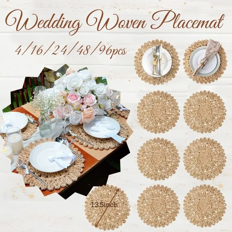 

96-16PCS Wedding Woven Placemat Boho Straw Placemat Natural Braided Tablemat Farmhouse Decor for Thanksgiving Party 13.5In