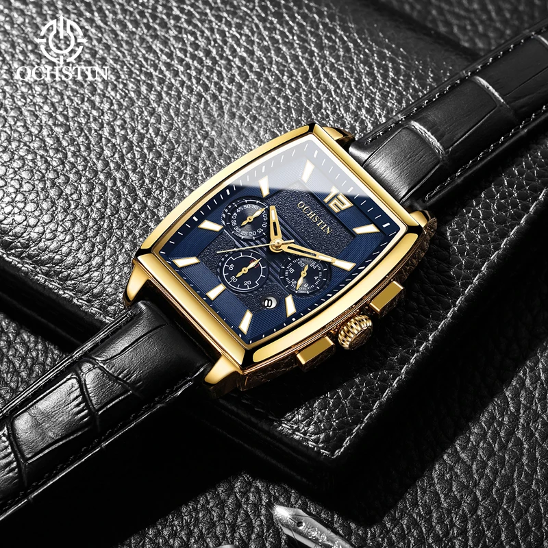 OCHSTIN Man Navigator Nautical Watch Equipped Multifunctional Quartz Movement Genuine Leather Strap Waterproof Wristwatch