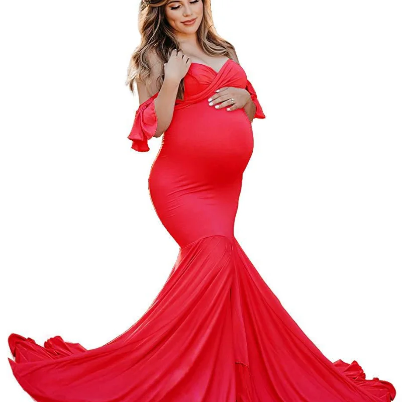 

New European and American Mercerized Cotton Pregnant Women's Ruffle Sleeve Cross V-Neck Trailing Dress Photography Dress