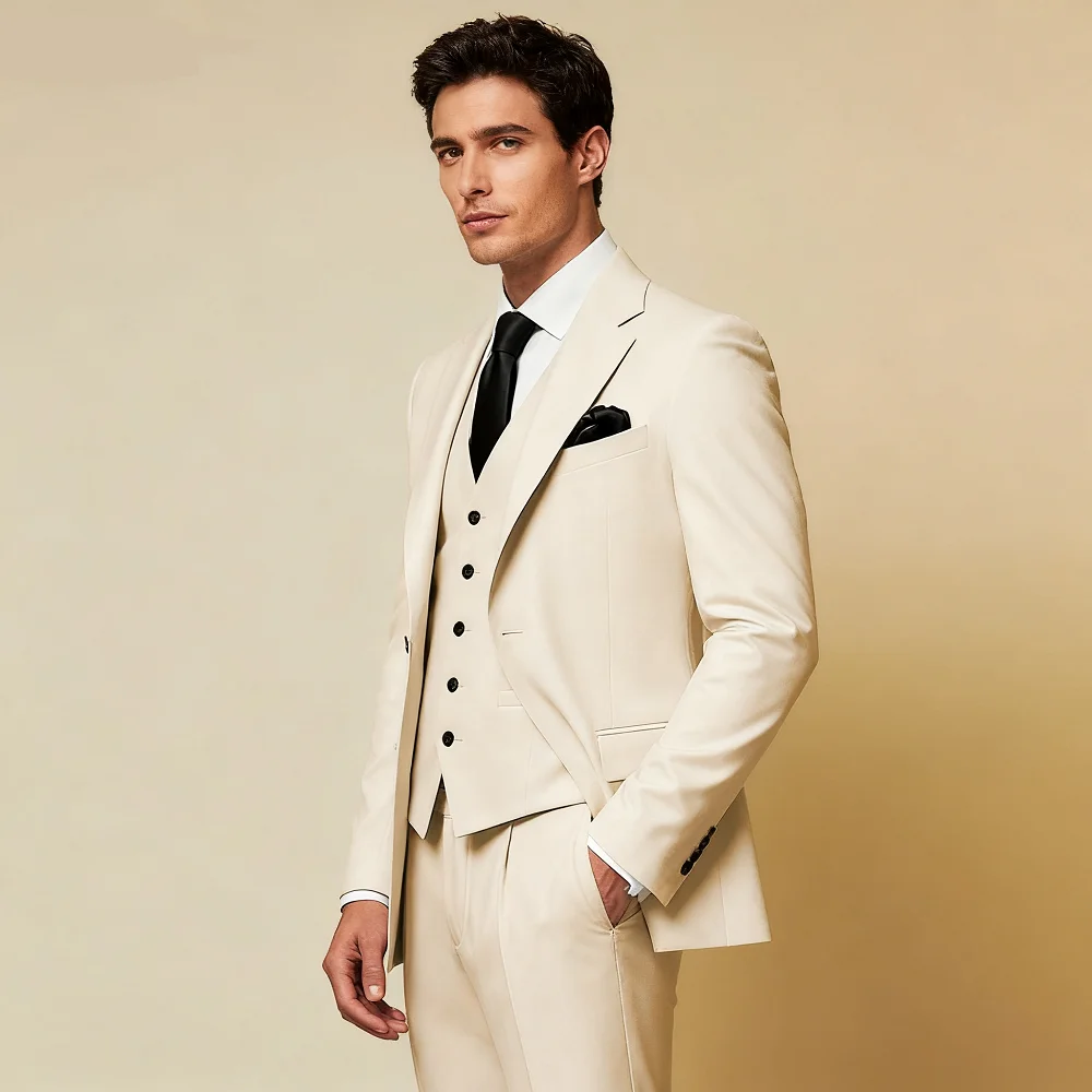 

Men's Monochromatic Slim Fit 3-Button Peak Lapel Smoking Jacket Vest Formal Business Suit Set for Wedding Terno