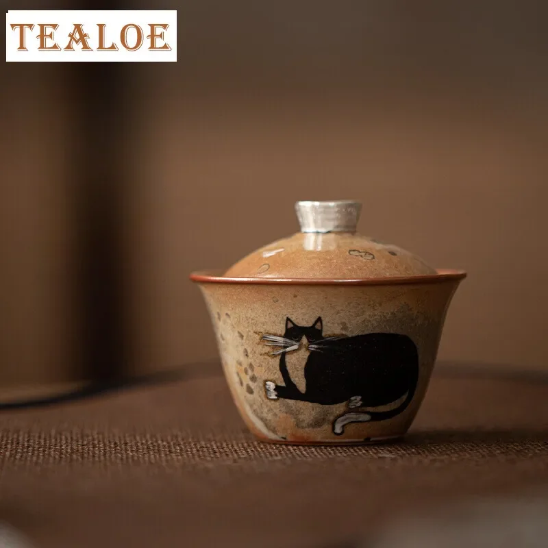 

100ml Japanese Kiln Change Zhiye Cat Gaiwan Handmade Silver Wood-fired Porcelain Tea Tureen Tea Maker Cover Bowl Cha Decoration