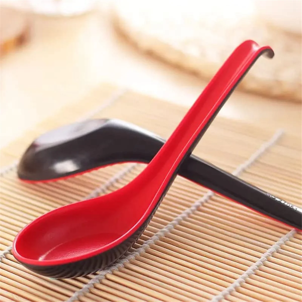 10PCS Red and Black Asian Soup Spoon with Hook-Chinese Style Spoon, Perfect for Rice Pho Ramen Noodle Soups