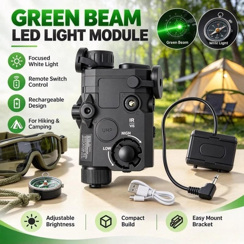 Green Beam LED Lighting Module, Remote Switch, Focus Beam, Adjustable Bracket, Outdoor Night Hiking Kit