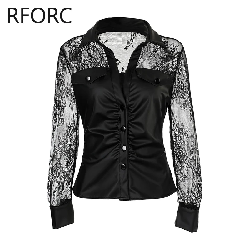 2024 Women Solid Lace Patchwork Pu Leather Turn Down Neck Black Blouse Top