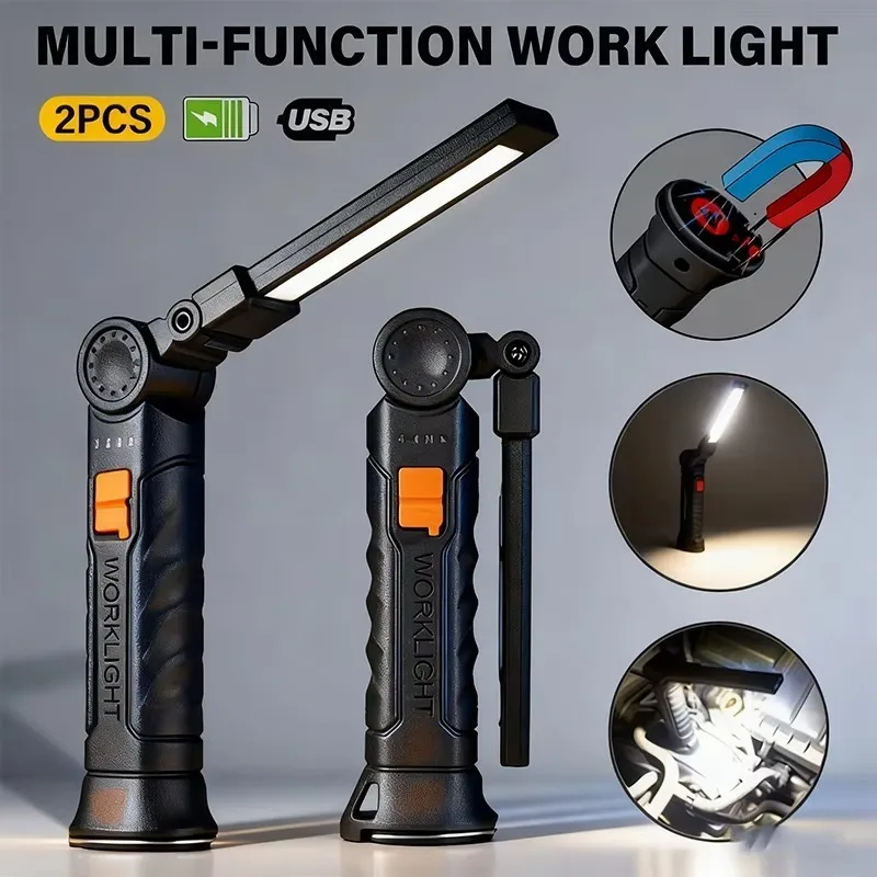 ไฟฉาย LED แบบพกพา COB แบบชาร์จไฟได้ผ่าน USB ไฟทำงานแม่เหล็ก ไฟแขวนพร้อมแบตเตอรี่ในตัว ไฟฉายสำหรับตั้งแคมป์