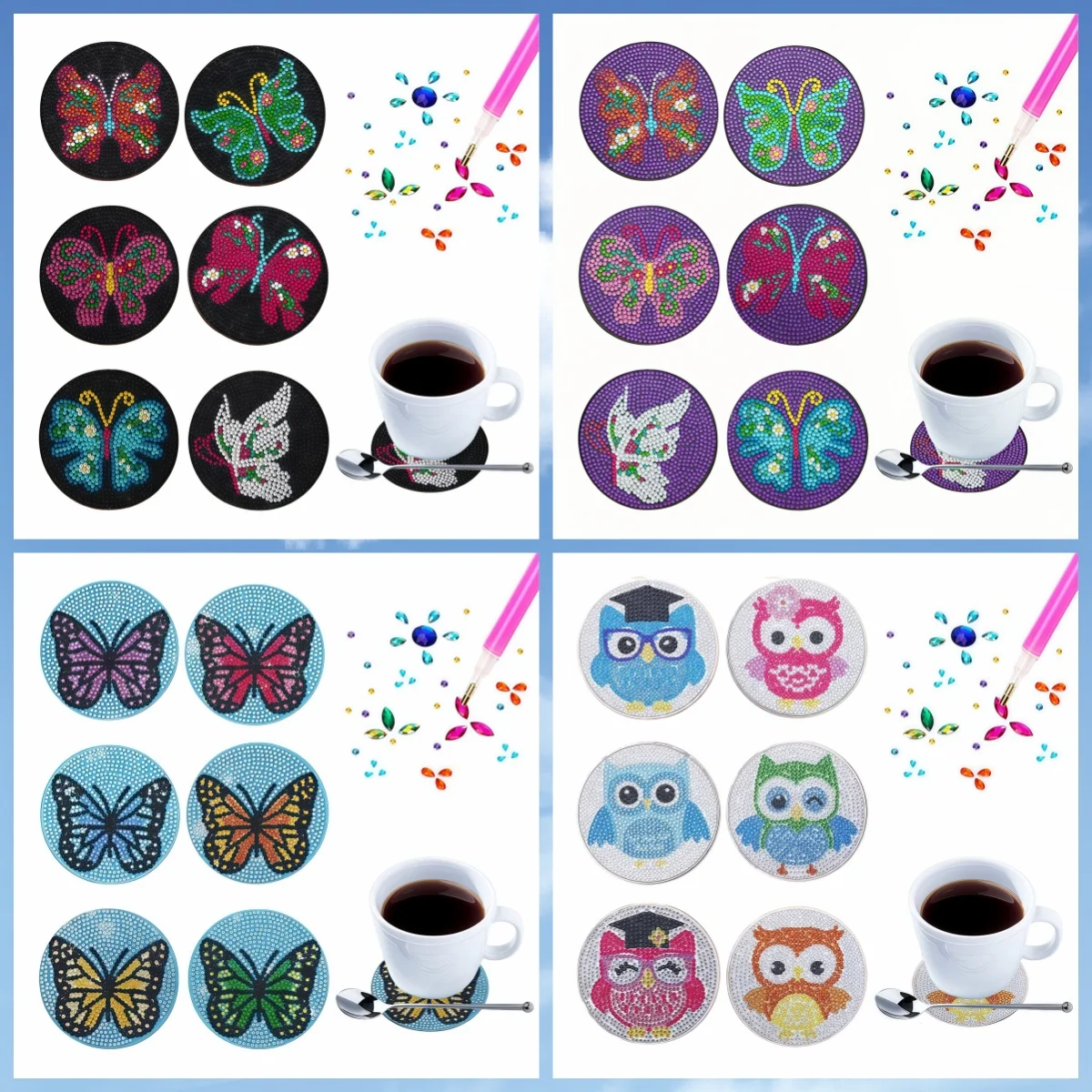 

6 DIY butterfly and owl irregularly shaped diamond painting set coasters, diamond art coasters without brackets