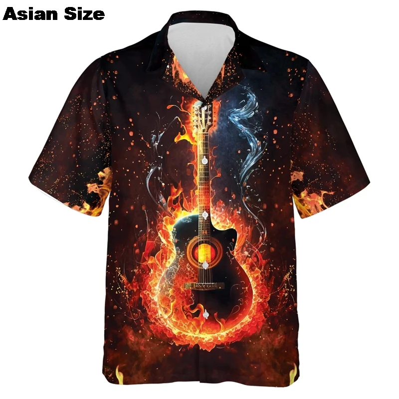 قمصان للرجال موسيقى الجيتار مطبوعة روك الهيب هوب بلايز ملابس رجالية قصيرة الأكمام 2025 قمصان الشاطئ Ahloa بلوزات Camisa الاجتماعية