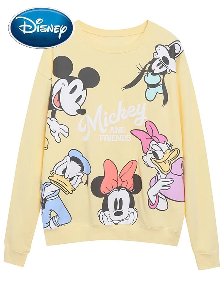 Disney Minnie Mickey Mouse Family Cartoon Print Yellow Sweatshirt Cute Women O-Neck Pullover Long Sleeve Jumper Fleece Top Femme