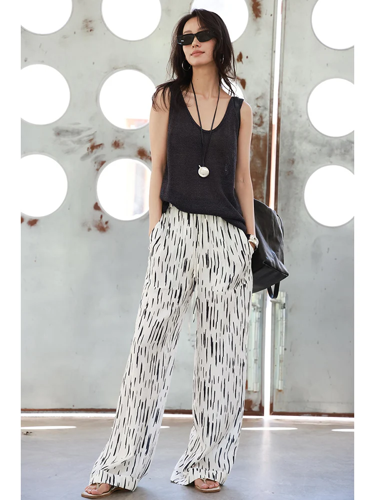 

FANNIU Summer Cool Silk Geometric Print Elastic Waist Loose Feel Cuffed Straight Leg Pants Casual Comfortable Women's Trousers