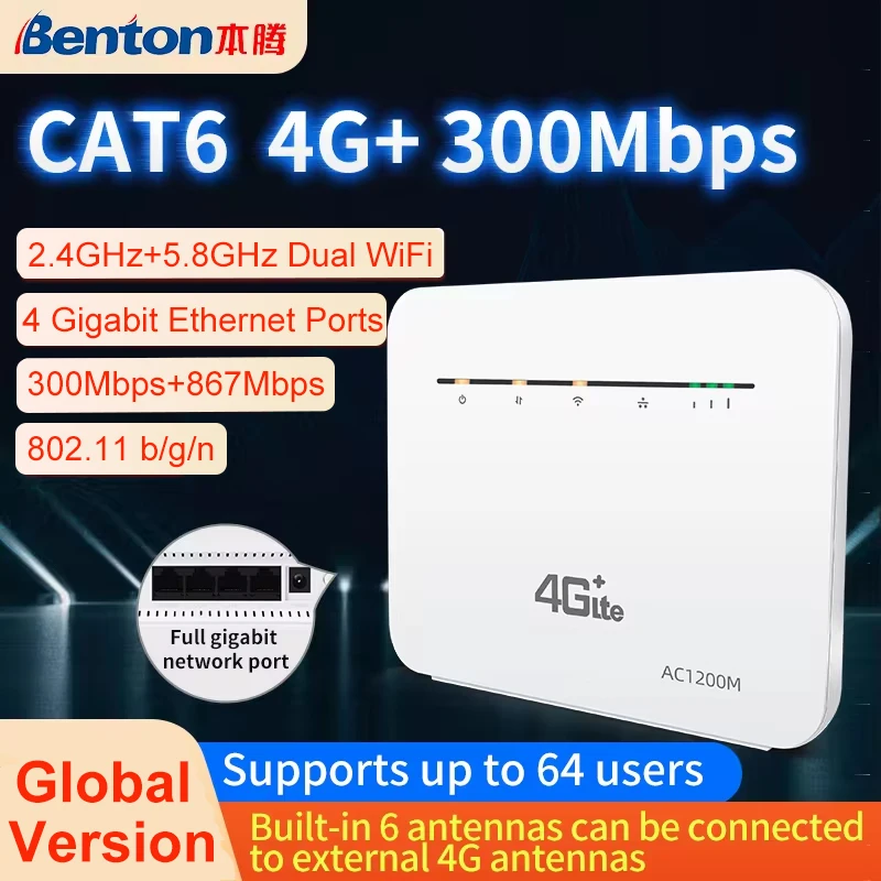 Benton 5GHz WiFi Router Dual Band 4G CAT6 LTE Router 1200Mbps WiFi Router Repeater VPN Modem 3G/4G SIM Card Router Gigabit Port