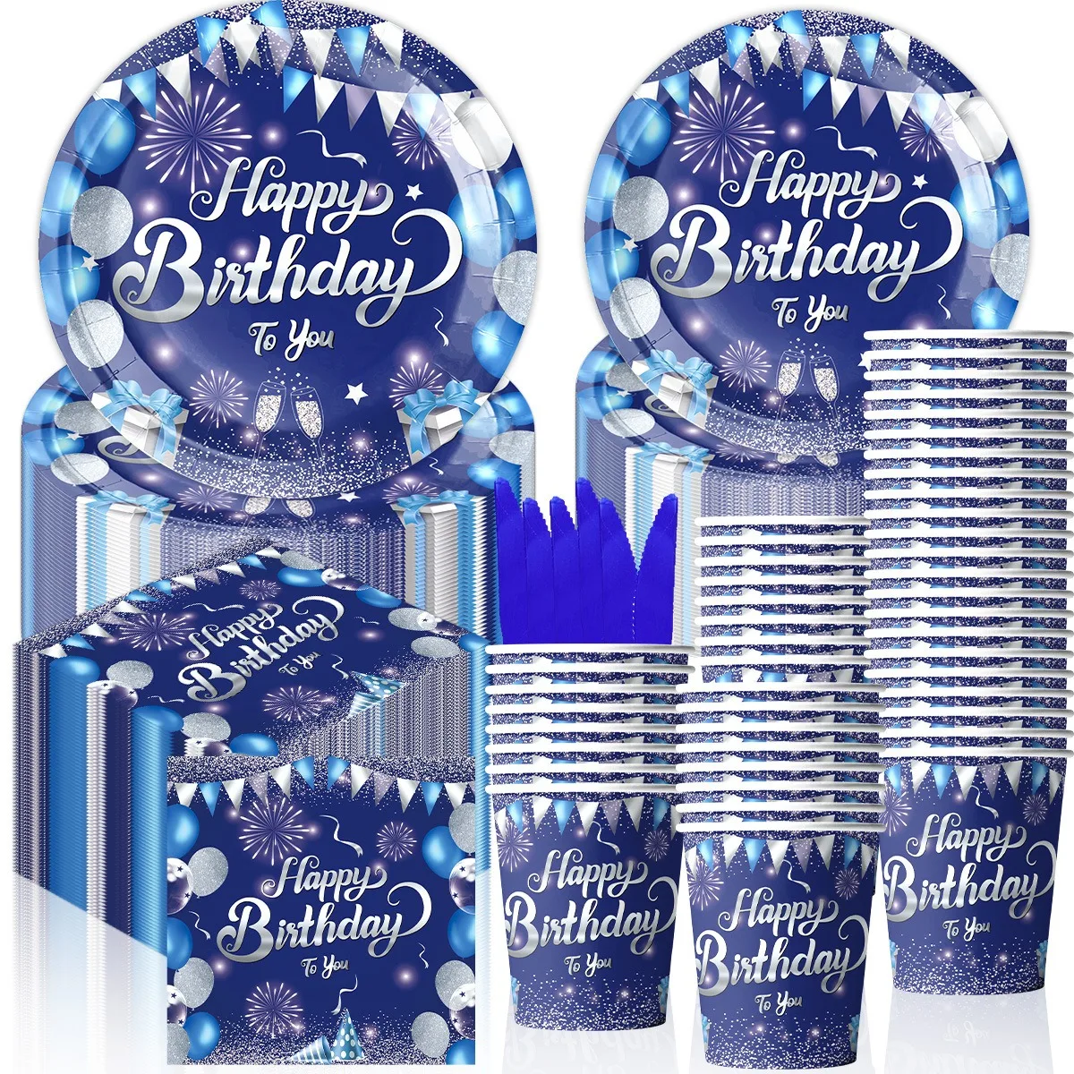 

Blue Birthday Party Decorations Disposable Tableware Fireworks Balloons Banner Plates Cups Napkins Happy Birthday Party Decor