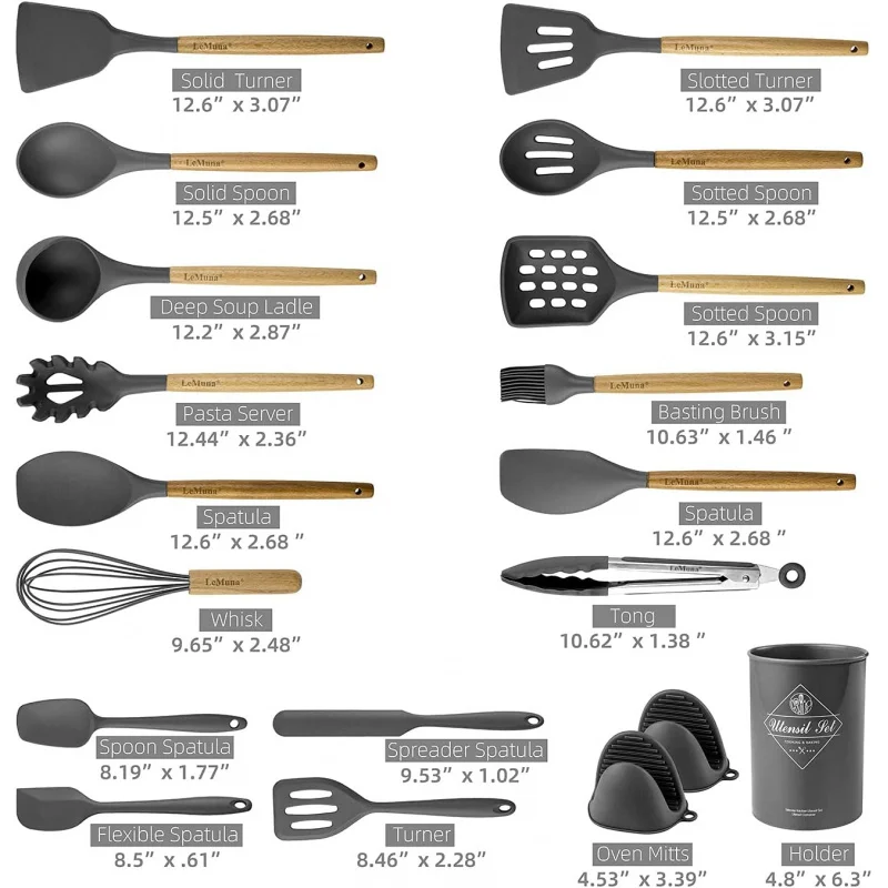 Silikon-Kochutensilien-Set, Küche mit Halter, Spatel mit Holzgriff, Heat Resi