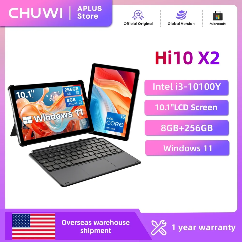 CHUWI Hi10 X2 Tablets Dual-Core Intel 10th i3-10100Y 8GB RAM 256GB ROM Intel UHD Graphics 615 10.1" LCD Screen 2 IN 1 Tablet  ﻿