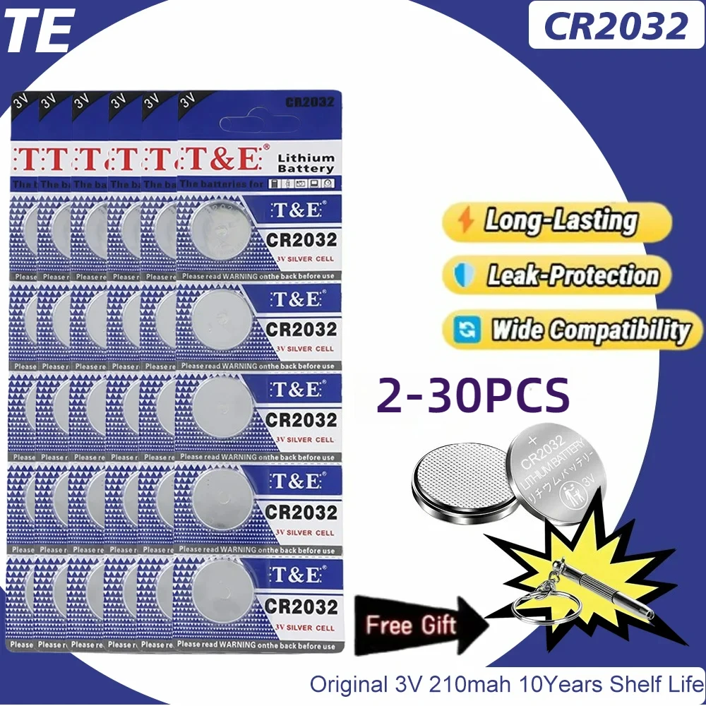 Pile bouton au lithium originale CR2032 3V 210mAh, compatible DL2032/ECR2032 pour clé de voiture, montre, télécommande, calculatrice (2-30 pièces)