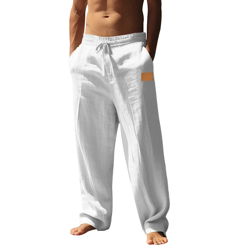 Men Linen Blend Drawstring Wide Leg Pants, Patch Detail Elastic Waist Summer Beach Casual Trousers