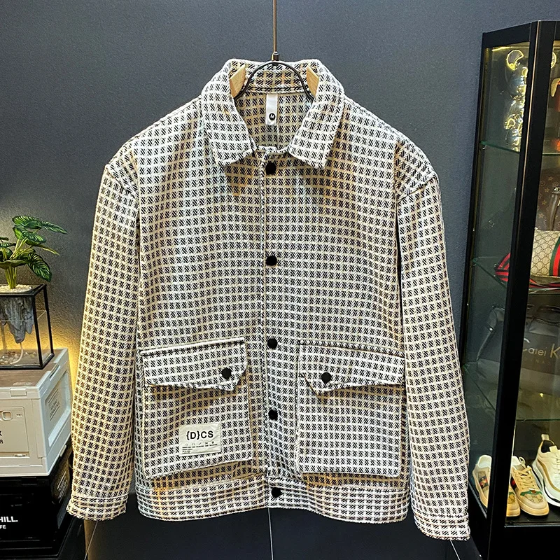 

2024 autumn light luxury fashion collar coat men's trendy knitted square grid design loose and versatile casual high end shirt