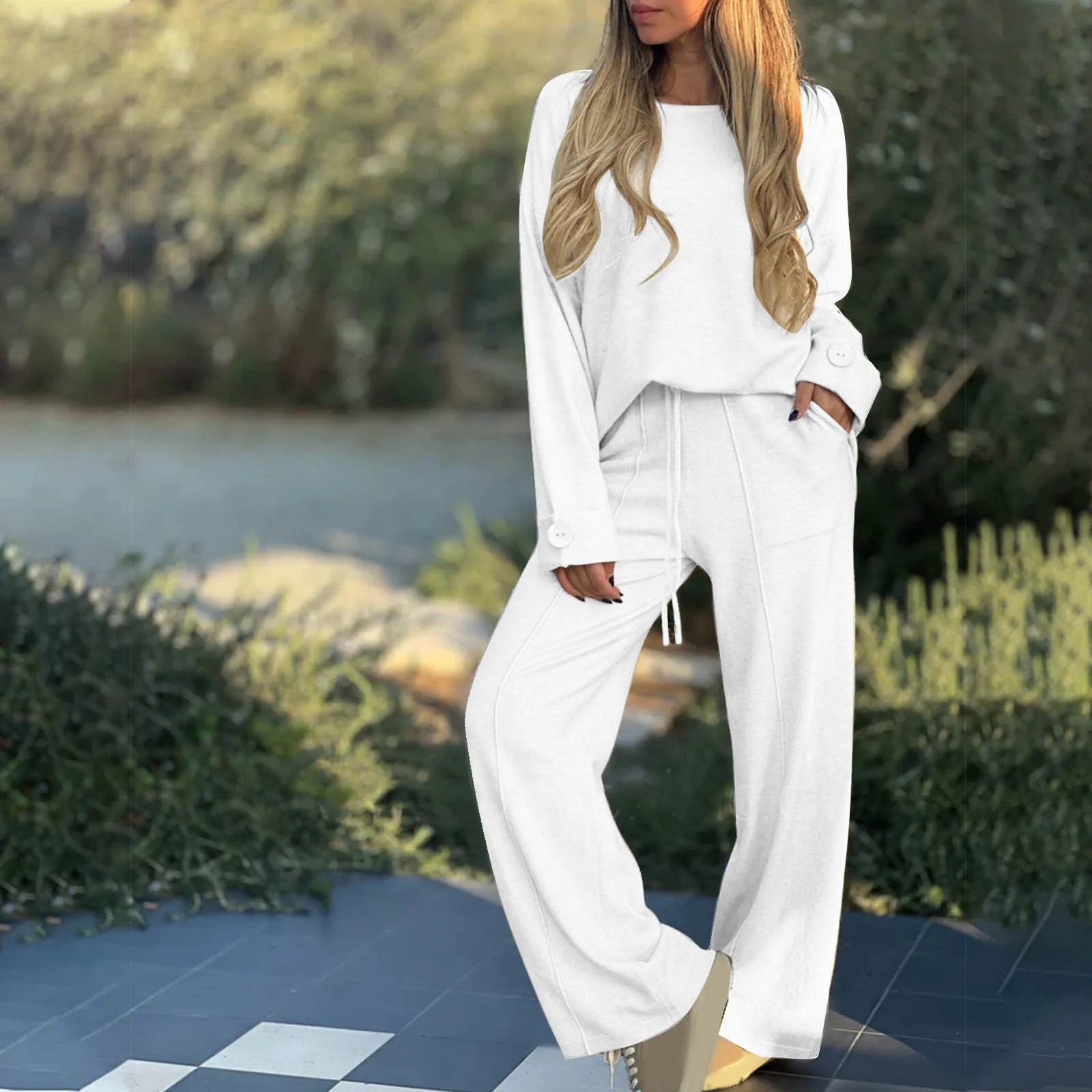 Dames 2024 Nieuwe Mode-Knop Casual Set Effen Kleur Lange Mouw Set Losse Wijde Broek Lange Broek Lange Broek Tweedelige Set