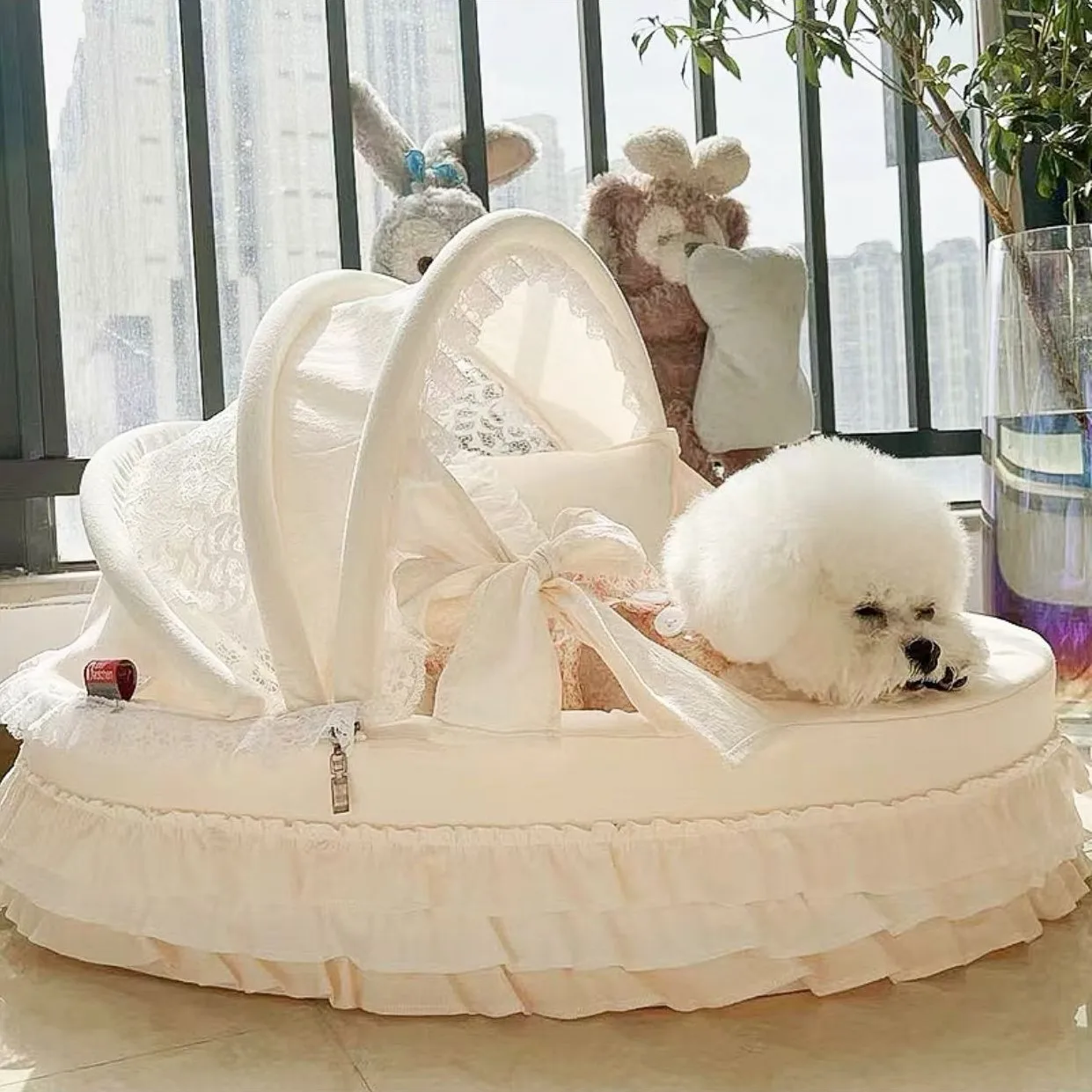 Pet Cradle Bed with Cotton Puppy Kitten Princess Bed - Pet Sofa, Dog Cushion Puppy Cradle Bed, Morandi Beige