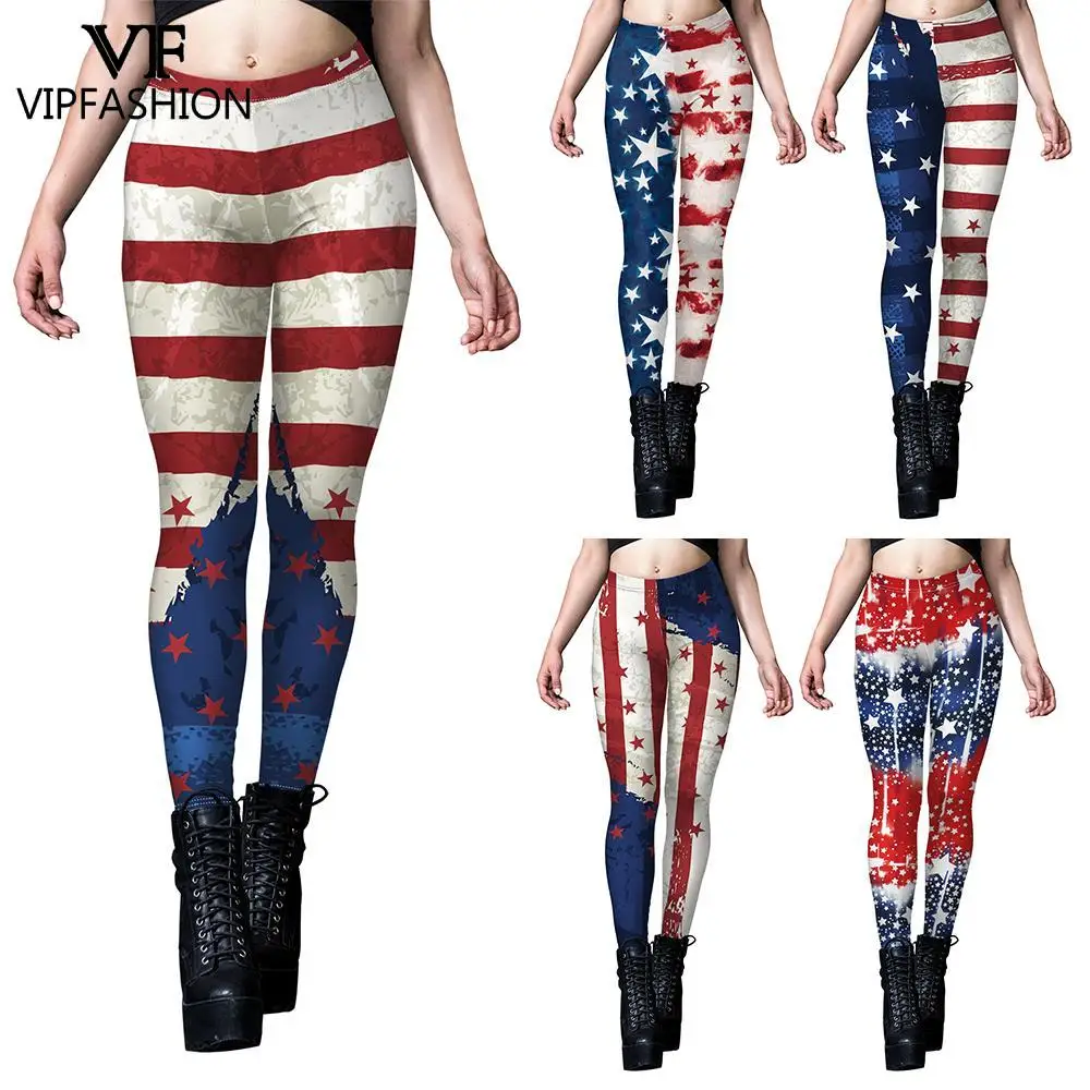 VIP FASHION Independence Day Leggings for Women Mid Waist Elastic Cosplay Pants 4th of July Party Trousers Girls Sports Workout