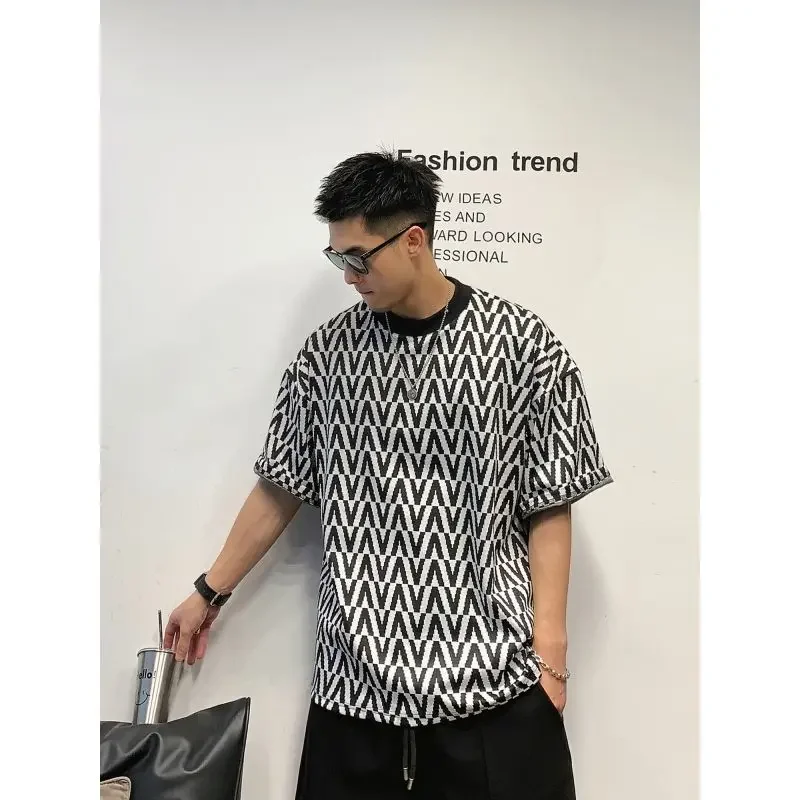 GELITAYIN Lattice Men's Short Sleeve American Style Vintage Loose Fit Casual Five Half Sleeve HIP HOP Printed O-Neck High Street