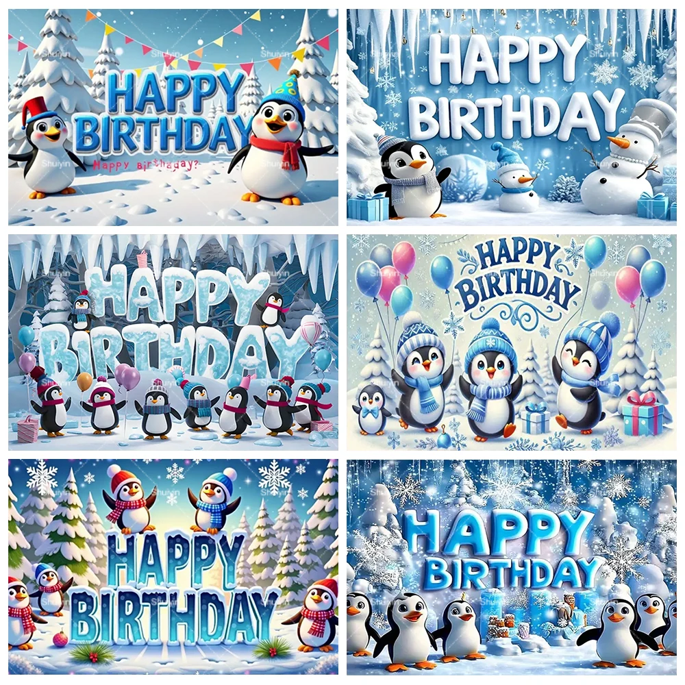 

Cartoon Cute Penguin Theme Background Kids Happy Birthday Party Decorations Winter Polar Bear Baby Shower Poster Banner Gifts