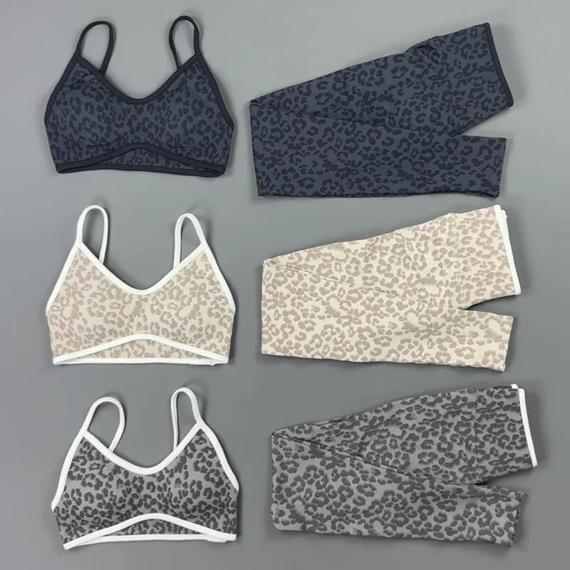 2 Pieces Yoga Set Women Leopard Print Thin Strap Sports Bra High Waist Butt Lifting Leggings Seamless Gym Pilates Workout Outfit