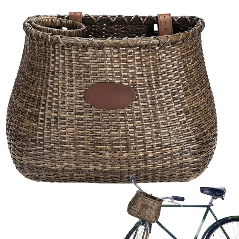 Rattan Storage Basket Hand-Woven Bikes Baskets Storage Basket Adjustable Leather Carabiner For Water Cups Snacks Keys