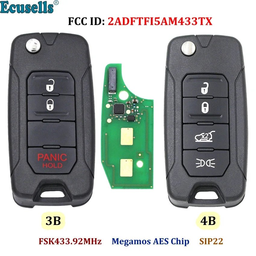 Ecusells Flip Remote Key FSK 433.92MHz Megamos ID48 AES Chip for Jeep Renegade 2016-2020 Fiat 500X FCC 2ADFTFI5AM433TX SIP22