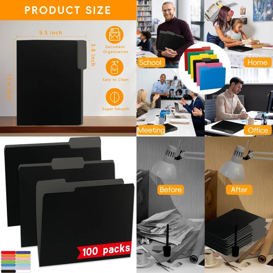 

100 Packs Black File Folder Letter Size with 1/3-Cut Tabs for Efficient Office School and Home Organization Durable Standard-Si