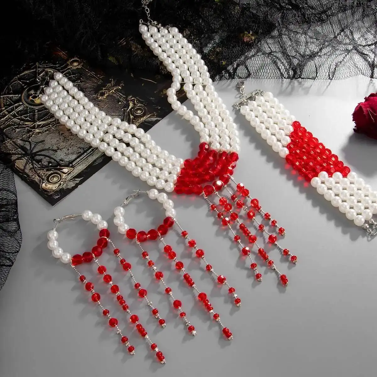 

2025 Gothic Multilayer Retro Red Blood Imitation Pearl Tassel Pendant Necklace Bracelet Earrings Jewelry Halloween Gifts
