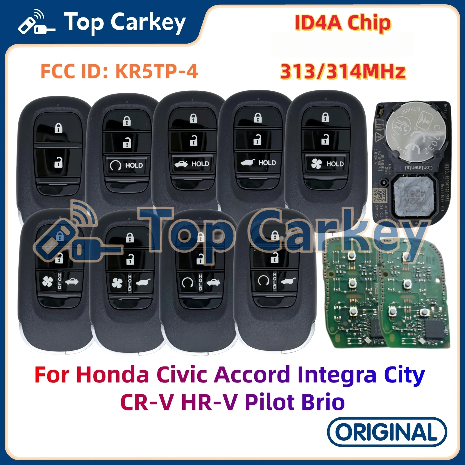 TopCarkey FCCID: KR5TP-4 OEM PCB ID4A Chip 313-314MHz Smart Key for Honda Civic Accord Integra City CR-V HR-V Pilot Brio