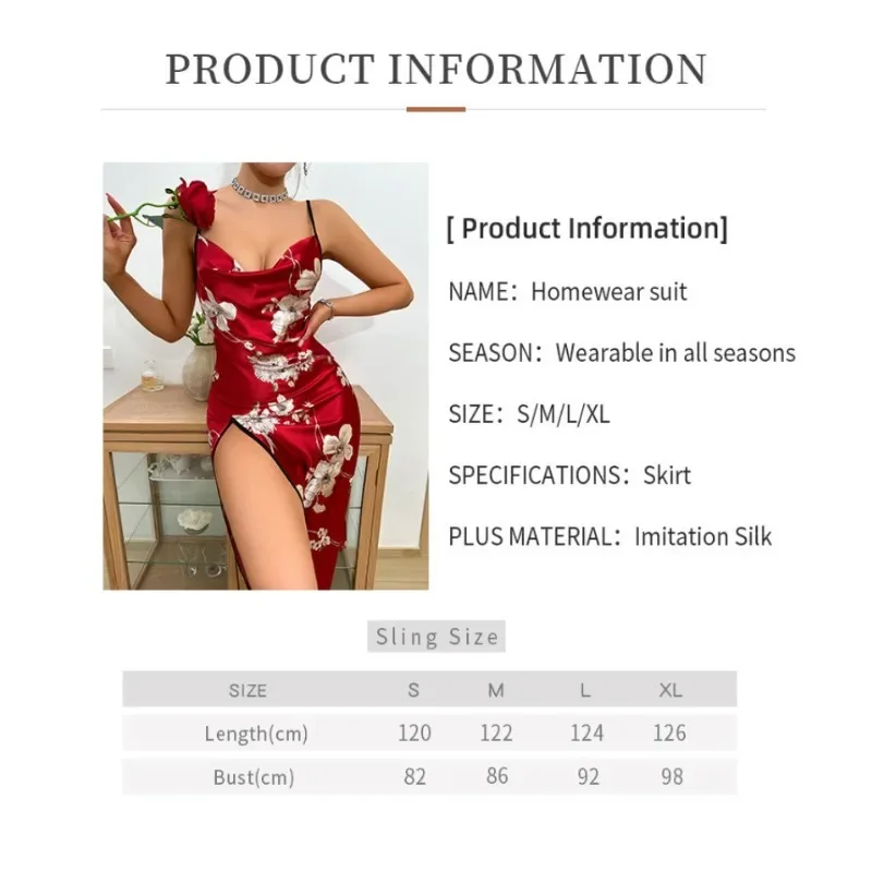 Fashion Sexy Print Nightgown Women Luxury Backless Slit Camisole Skirt Home Wear Summer Thin Breathable Imitation Silk Pajamas