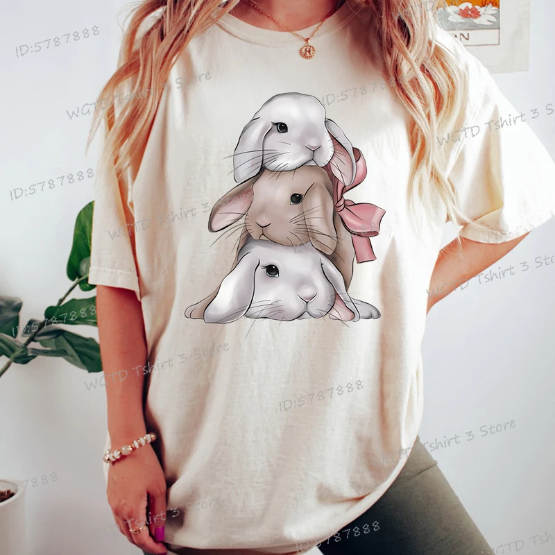 Easter Rabbit Shirts and Blouses Women Gift for Christian Crew Neck Short Sleeve T-shirt Cute Animal Bunny Easter Cartoon Tshirt