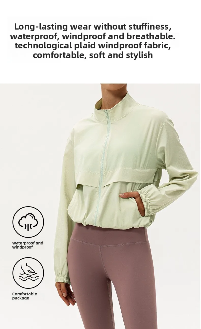 Outdoor-Sport-Windjacke für Damen, locker geschnittener, lässiger Yoga-Anzug mit Reißverschluss, Stehkragen, Laufjacke, Fitness-Windjacke, winddicht – Detail 4