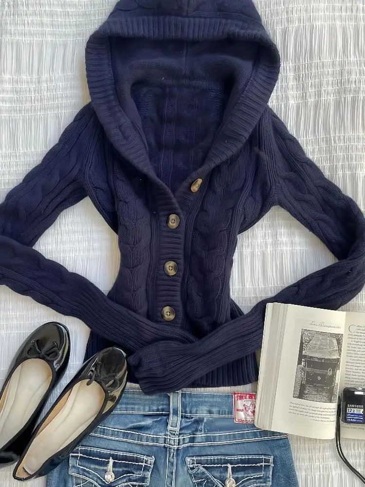 

Весенне-осенняя тонкая куртка женский вязаный укороченный кардиган с капюшоном дизайнерский свитер теплое пальто с длинными рукавами короткие топы вязаный кардиган