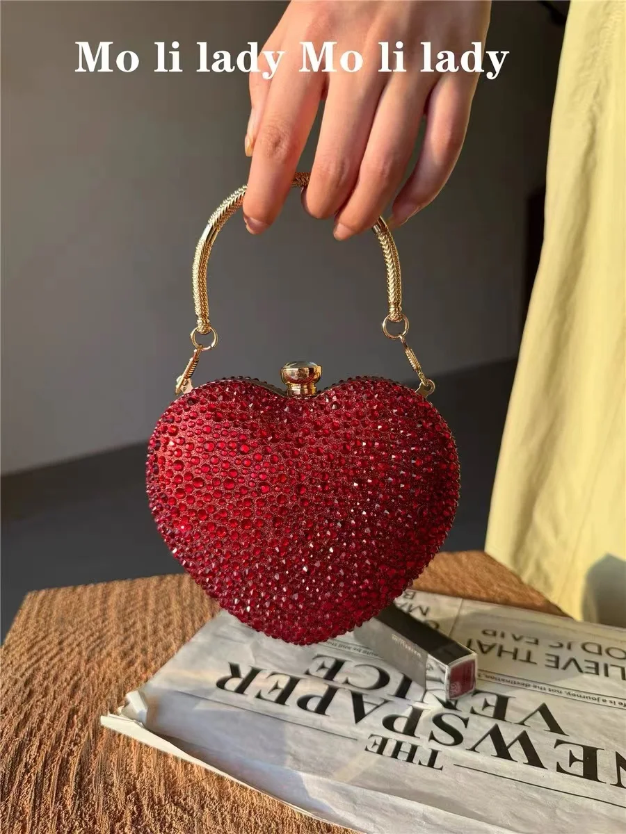 Luxury Heart Shaped Mini Bag Glitter Shiny Diamonds Evening Bag Dinner Party Clutch Purse Women Fashion Handbag Crossbody Bag