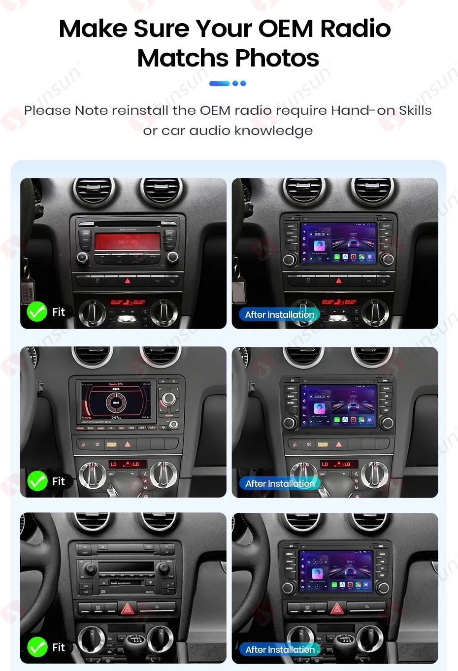 Junsun 7" Kabelloses CarPlay für Apple Android Auto Autoradio für Audi A3 8P S3 RS3 2003-2012 GPS-Navigation SWC Bluetooth FM RDS DSP IPS Touchscreen Intelligente Fahrzeugsysteme KI-Sprachsteuerung 4G WiFi 8-Kern Plug&Play Haupteinheit – Detail 3